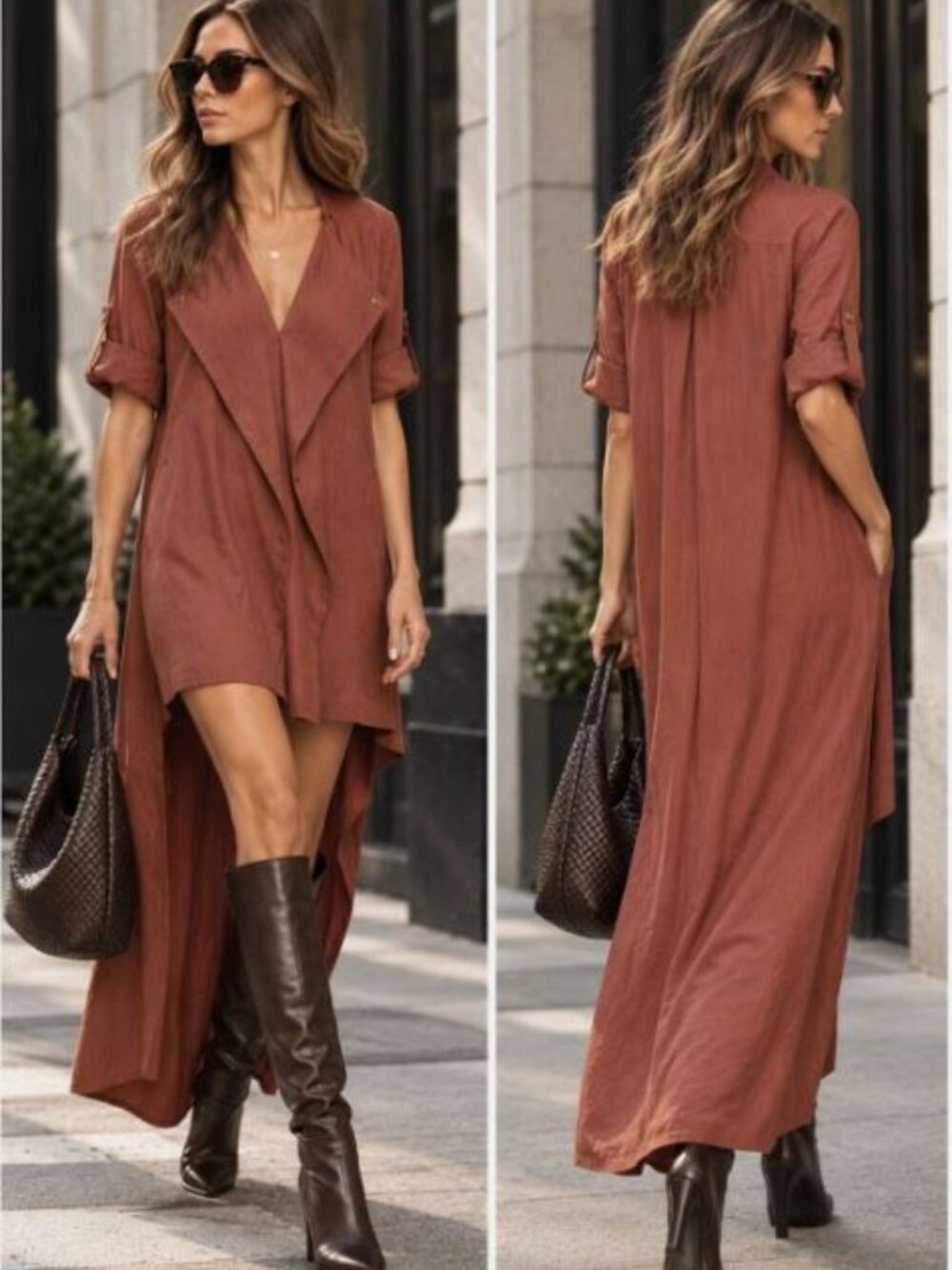 BCBGMaxAzria Gabriella High Low Trench Shirt Dress XS Brown Rust Lagenlook